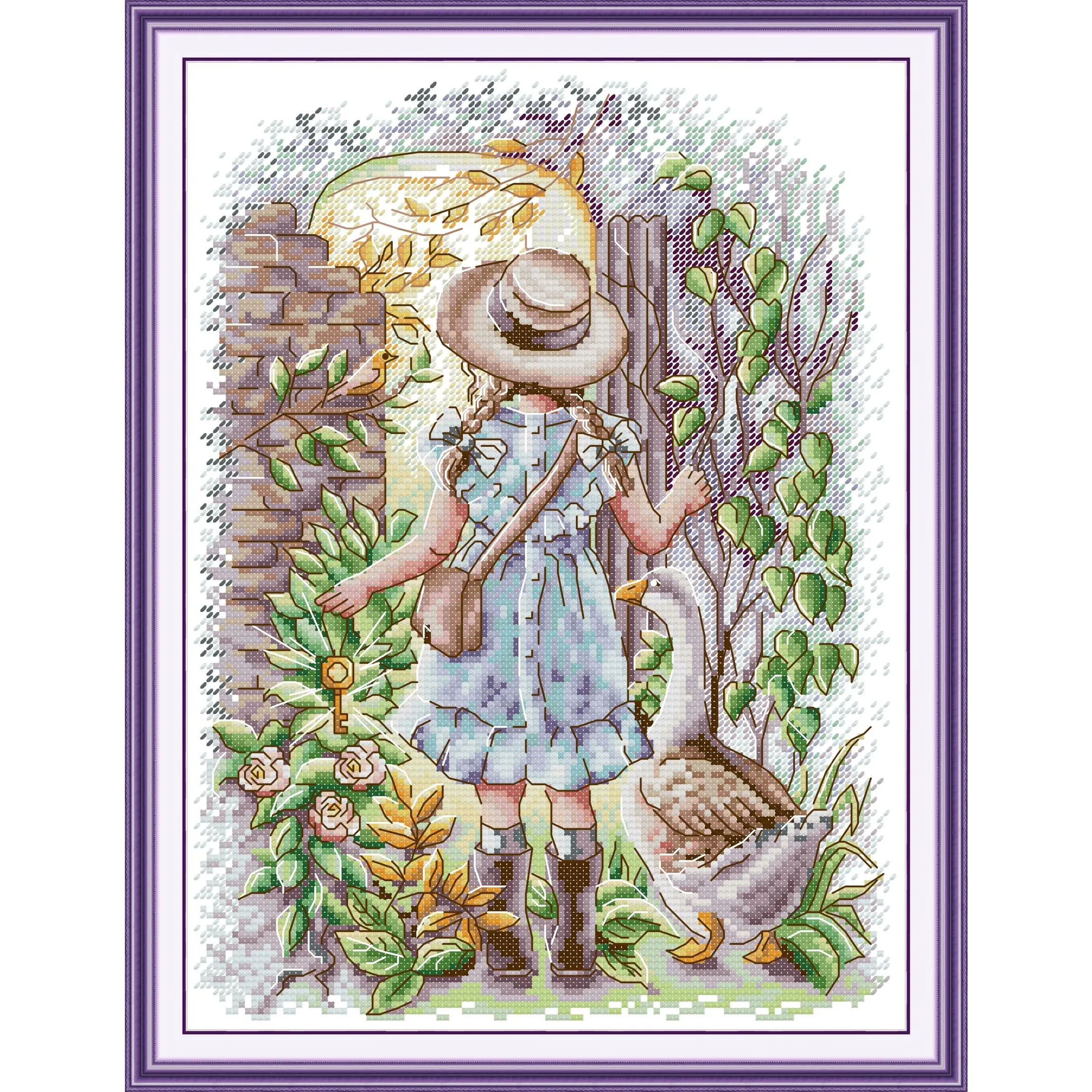 

Joy Sunday Pre-printed Cross Stitch Kit Easy Pattern Aida Stamped Fabric Embroidery Set-Girl with Goose