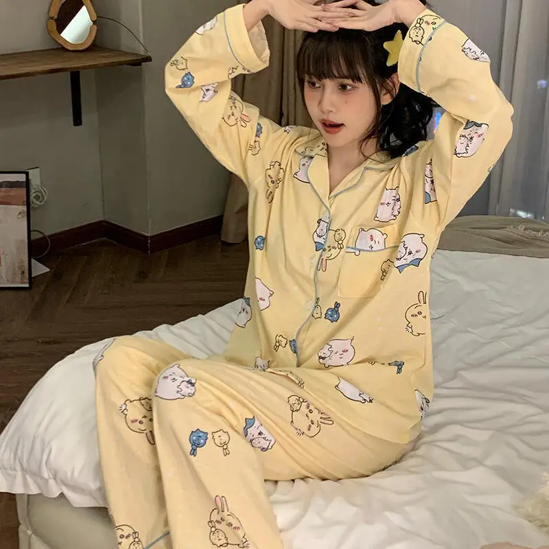 Hot Anime Chiikawa Women's Pajamas Cartoon Kawaii Girl New Sleepwear Cotton Home Wear Pajamas Set Woman Student Comfort Pijama