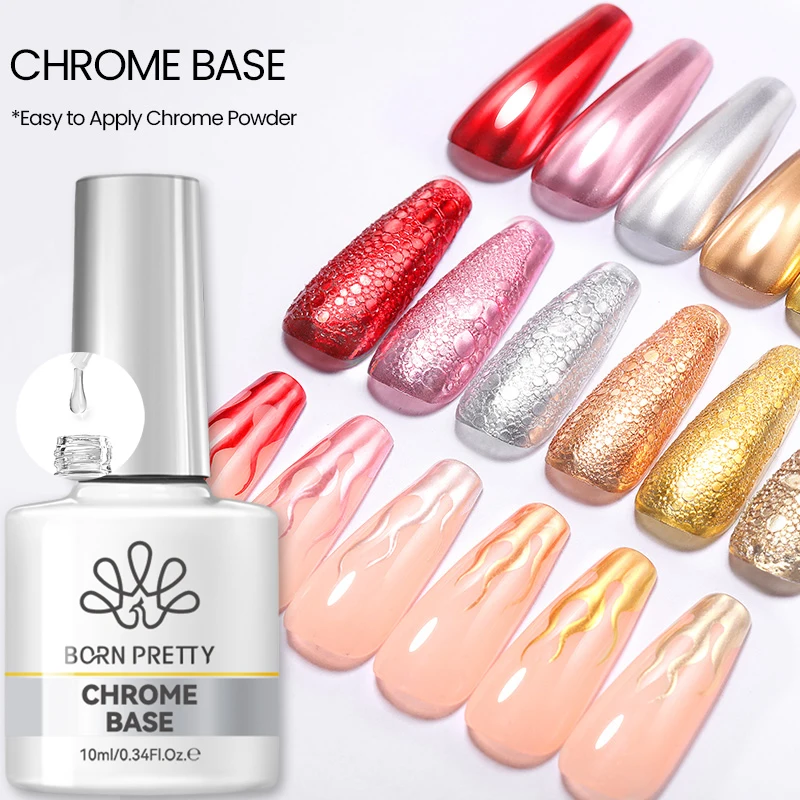 BORN PRETTY 10ML Chrom-Basislack für Nagelpuder, Hochwertiger Spiegeleffekt, Metallisches Pigment-Gel für Nagelkunst, Salon und DIY