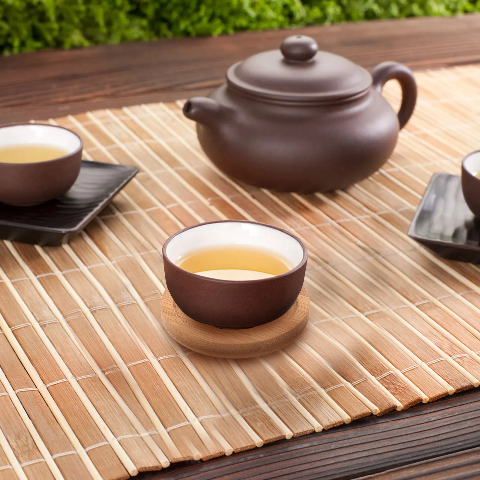 

6 Pieces Bamboo Coaster Set Light Brown Round Non Skid Heat Insulation Cup Pads for Coffee Tea Mugs Table Mats Protect Desktop