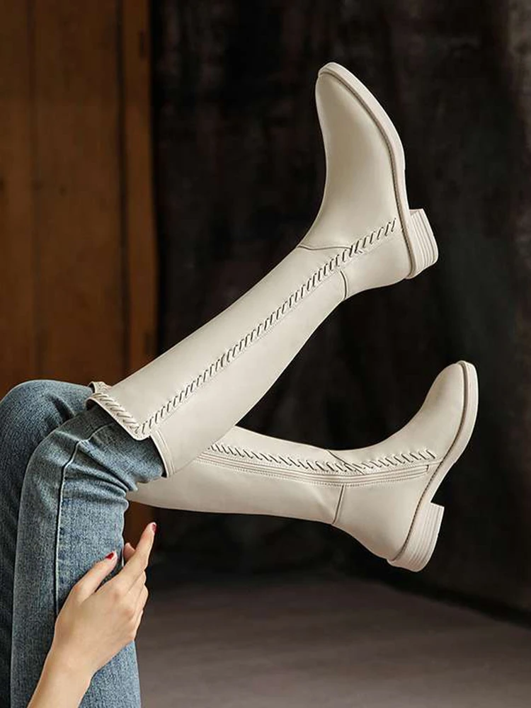Krazing Pot 2025 Cow Leather Riding Long Boots Thick Heel Sewing Brand Keep Warm Preppy Style Classics Concise Knee-high Boots