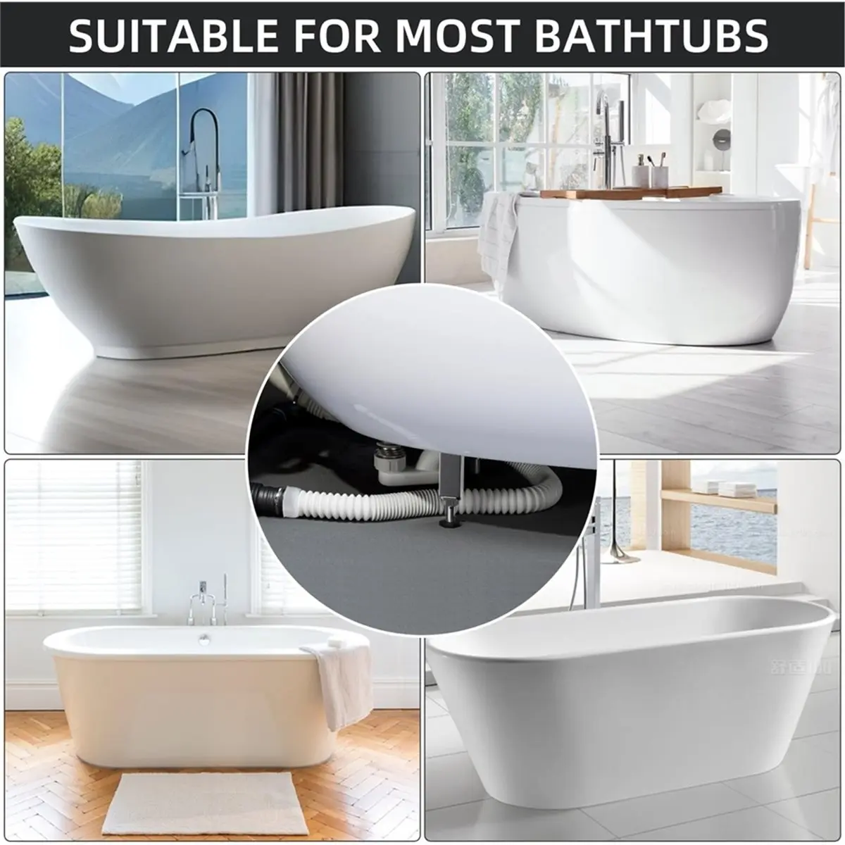 HITL Flexible Bathtub Drain Pipe,No-Leak Low Profile1 1/2 P Flat Drainage Pipe Kit,Freestanding Tub Drain Flex-Drain for Bath