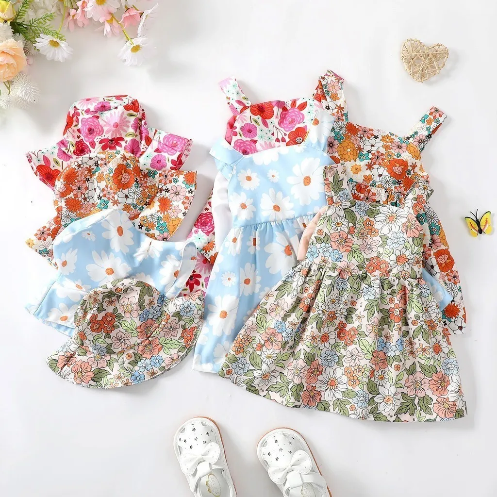 0-3 Years Dress for Toddlers Girl 2PCS Summer Clothes Set Sleeveless Floral Dress with Hat Baby Cute Beach Holiday Party Outfits