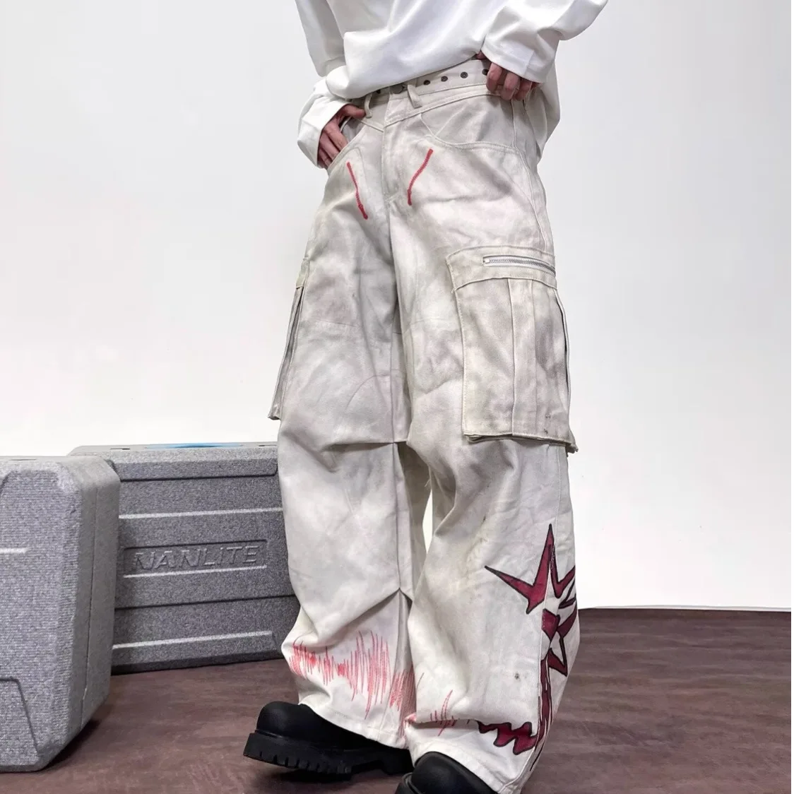 

American Large Size Work Pants Women Spring Dirt Dye Print Long Trousers Casual Straight Leg Cotton Polyester Blend Wear Resi...