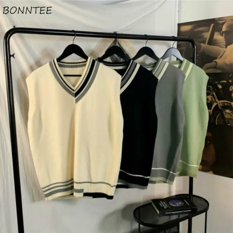 Мужской свитер, жилет в стиле пэчворк, простые вязаные свитера без рукавов со вставками, мужские свободные универсальные свитера с v-образным вырезом в корейском консервативном стиле, уличная одежда