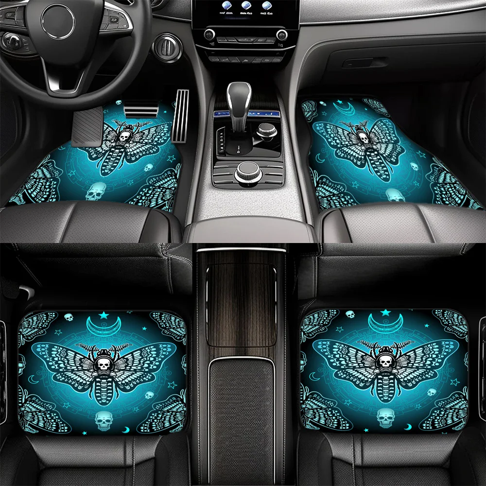 4pcs Gothic Death Moth Skull Car Floor Mats - Dark & Gothic Design With Glowing Eyes, Non-Slip Grip, Fit For Cars, SUVs, - Durab
