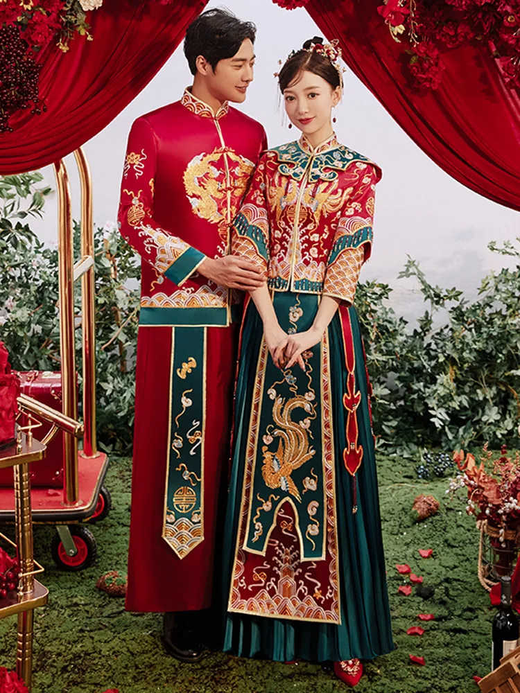 2022 Lovers Modern Cheongsam Red Phoenix Embroidery Qipao Chinese Style Wedding Dress Oriental Clothing Size S-2XL