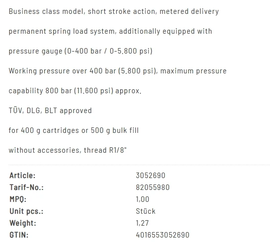 Mato Grease Gun With Pressure Gauge 0-400 Bar Without Accessories, Thread R1/8