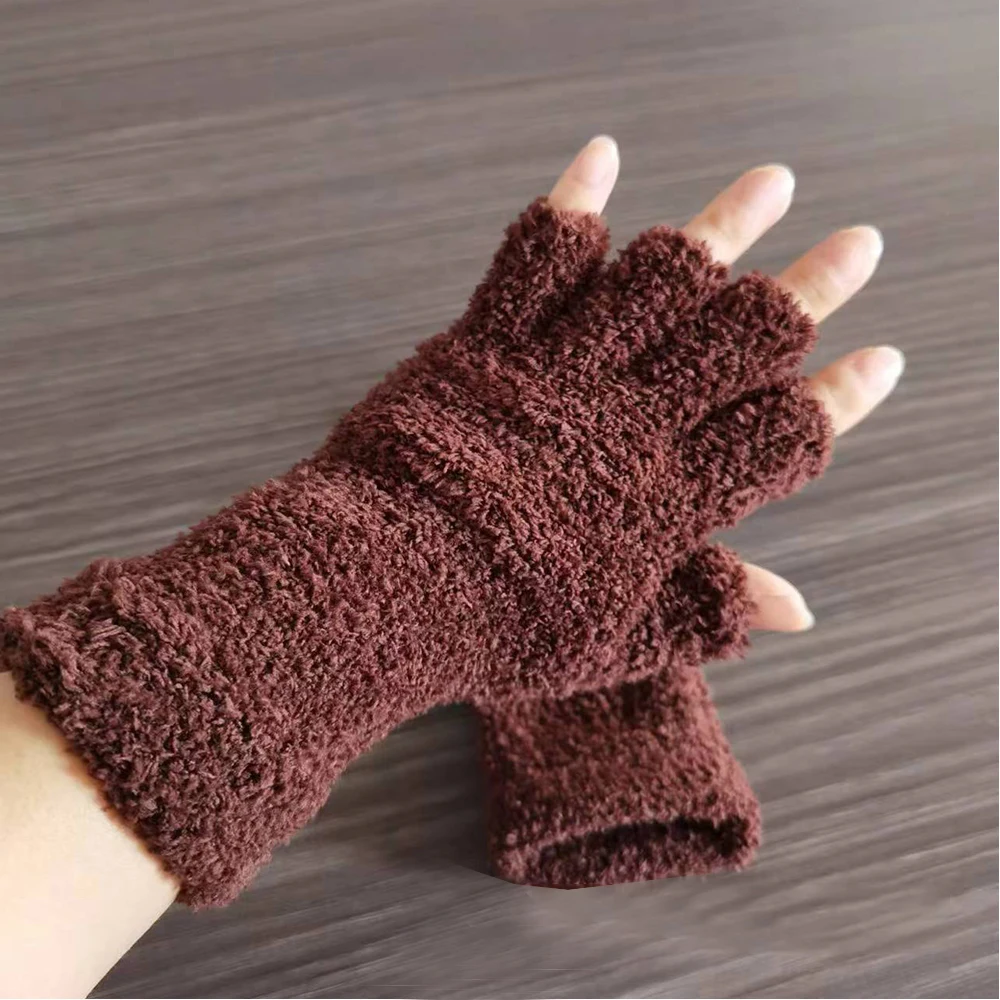 1Pair Half Finger Fingerless Gloves Men\'s And Women\'s Winter Warm Solid Color Knitted Half-finger Velvet Plush Outdoor Mittens