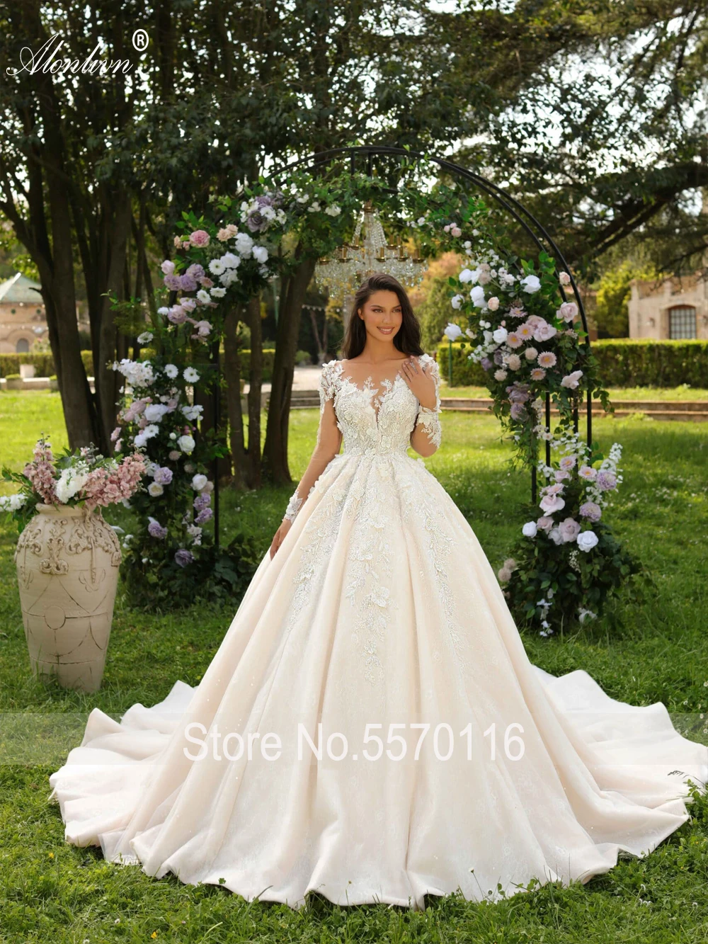 Alonlivn Beauty-Robes de mariée A-Line en dentelle avec appliques de fleurs perlées, manches longues, train court, robe de patient à col rond