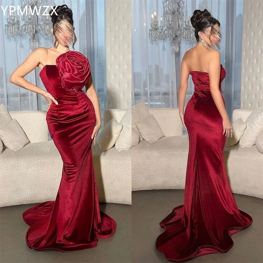 

Customized Women Party Dress Occasion Prom Gown Evening YPMWZX Strapless Mermaid Floor Length Skirts Sleeveless 3D Flower Bespok