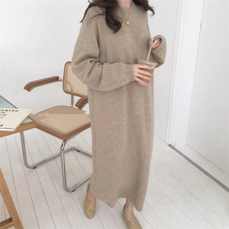 Lazy Style Sweater Women\'s Winter Korean Loose And Slim Wool Dress Over Knee Pullover Bottomed Knitted Dress