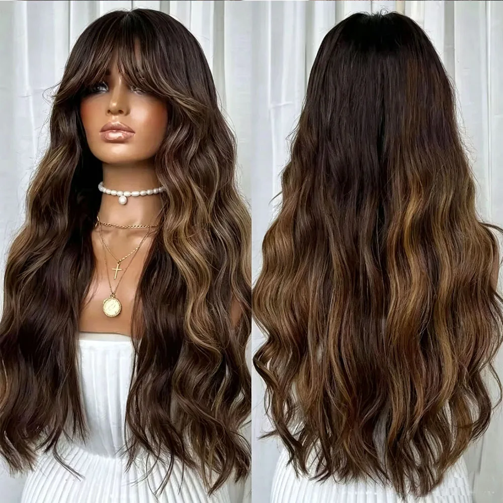 Highlights Blonde Brown 5X5 Full Lace Echthaarperücken für Frauen mit Pony, natürliche Welle, klebefrei, 13x6 Lace Front Echthaarperücke – Detail 1