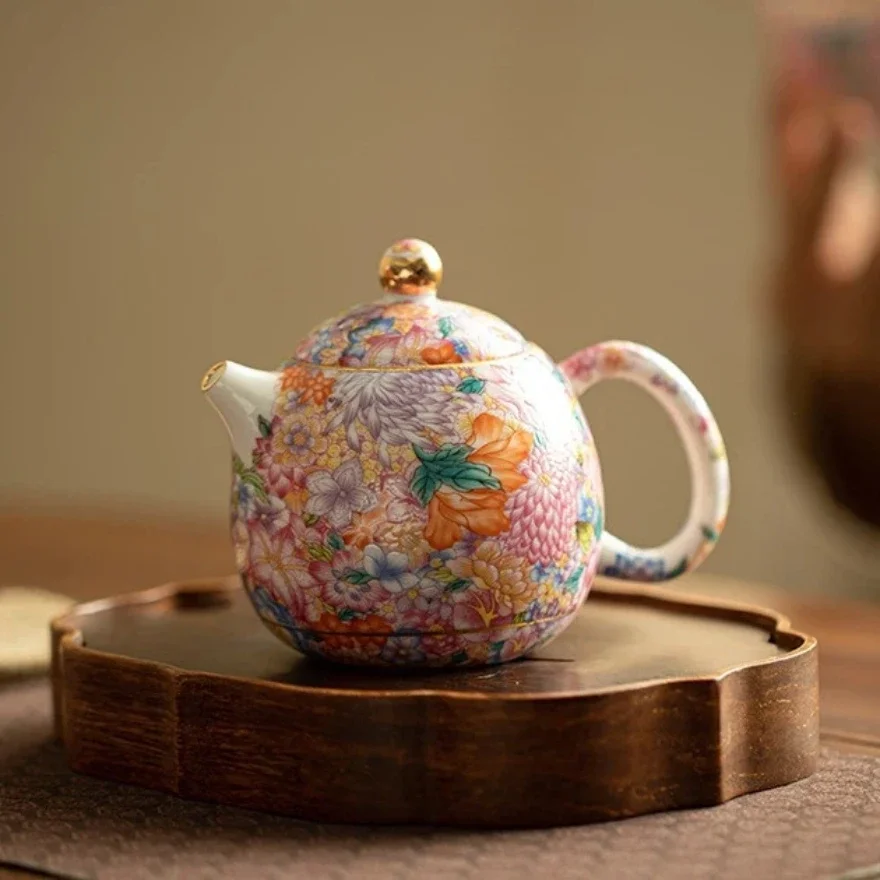 Flowers Never Fall to the Ground Enamel Dragon Egg Pot Ceramic Handmade Teapot Kung Fu Tea Set Household Teapot Single Pot
