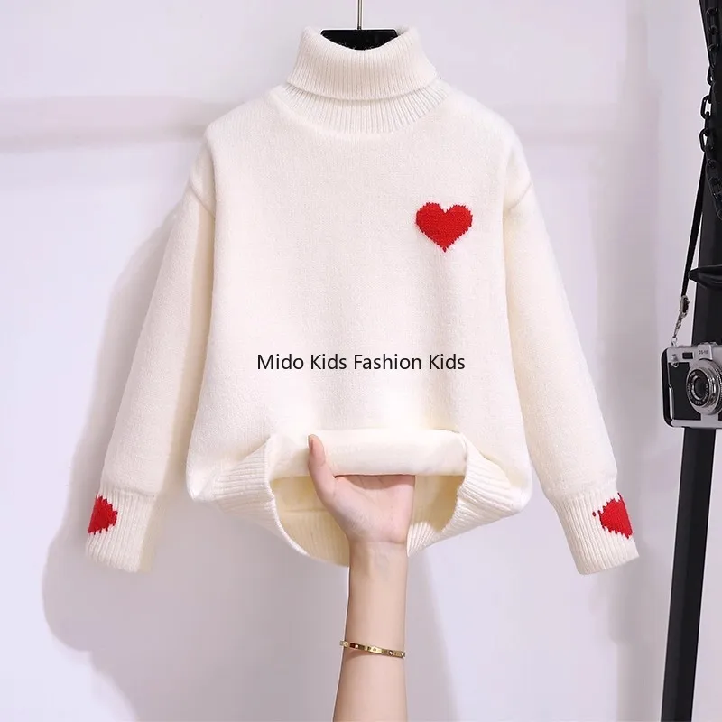 Girls' Knitted Sweater High  Fleece Lining Children's Heart-Patterned Wool Top Girls' Thickened Winter Base Layer Knit Top