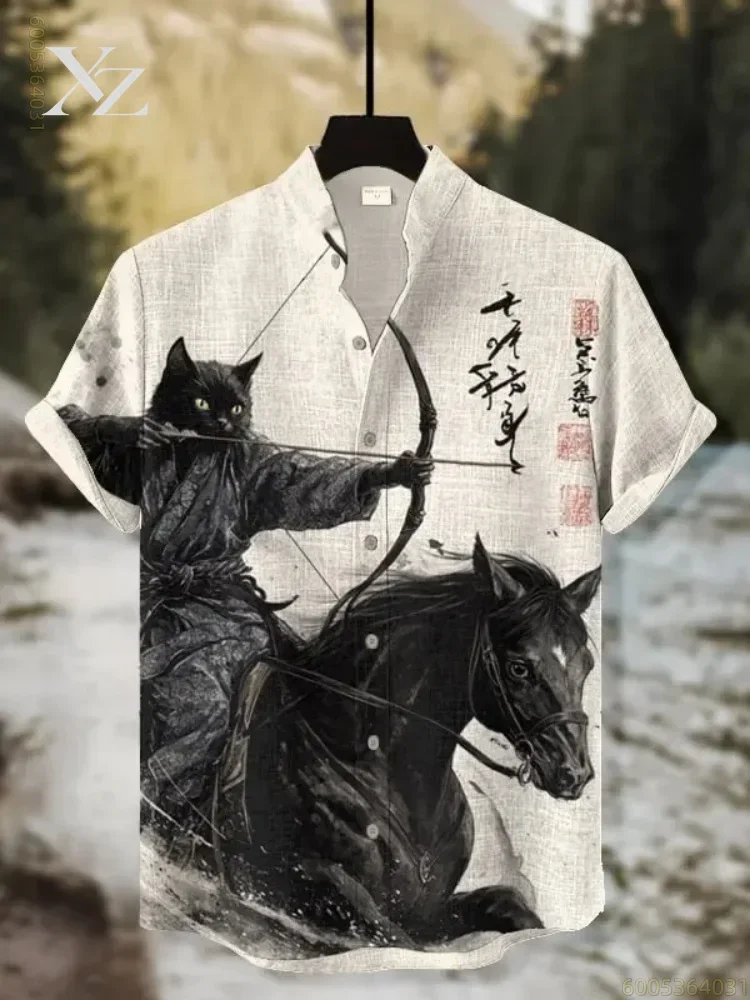Men's Cat Print Short Sleeve Shirt Ink Ancient Style Retro Trendy Loose Casual Comfortable