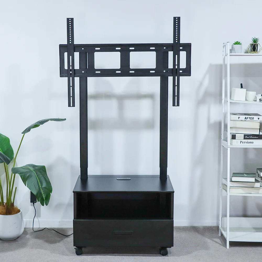 Modern Mobile Electric TV Stand with Storage Drawer Dual Column 600N 20mm/s Lift Cart with Casters for Smart Home Living Room