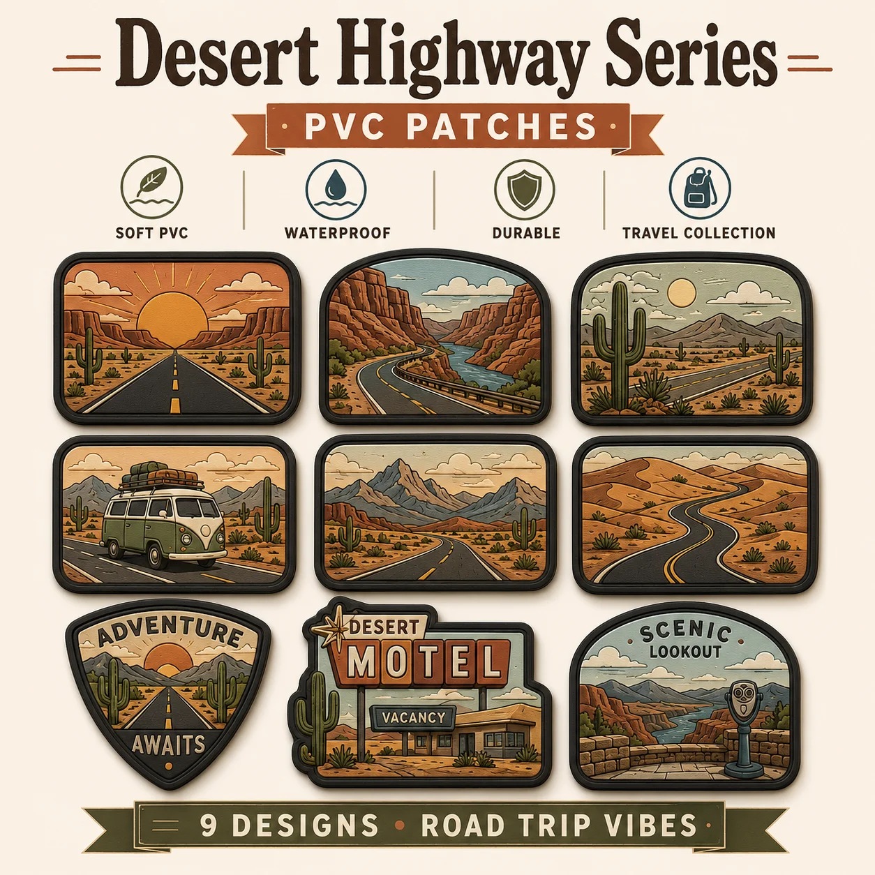 Custom Desert Highway PVC Patches Road Trip Cactus Motel Scenic Route Soft Rubber Hook and Loop for Bags Jackets Travel Gear