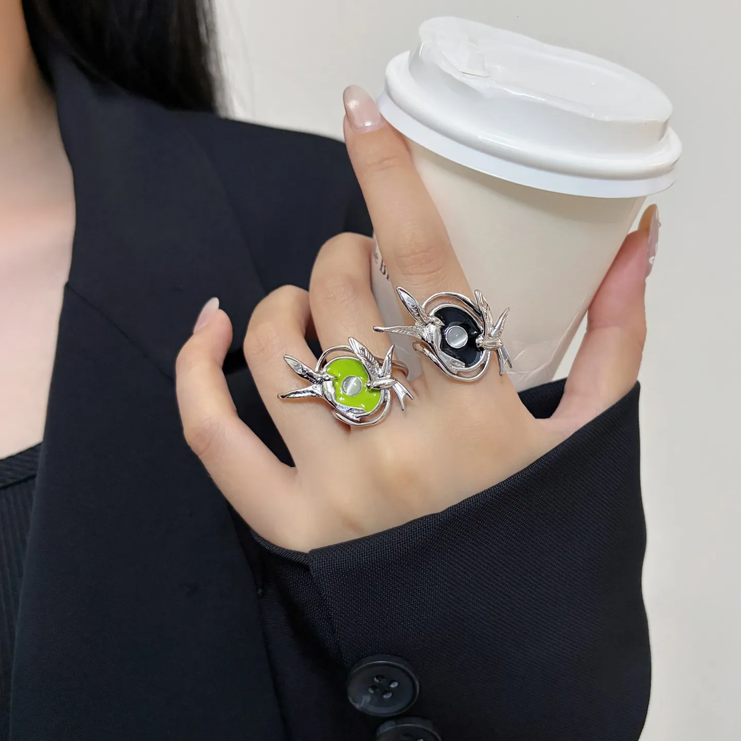 Niche Retro Enamel Thorn Bird Silver‑Tone Open Ring Luxury Elegant Versatile Index Finger Ring For Women