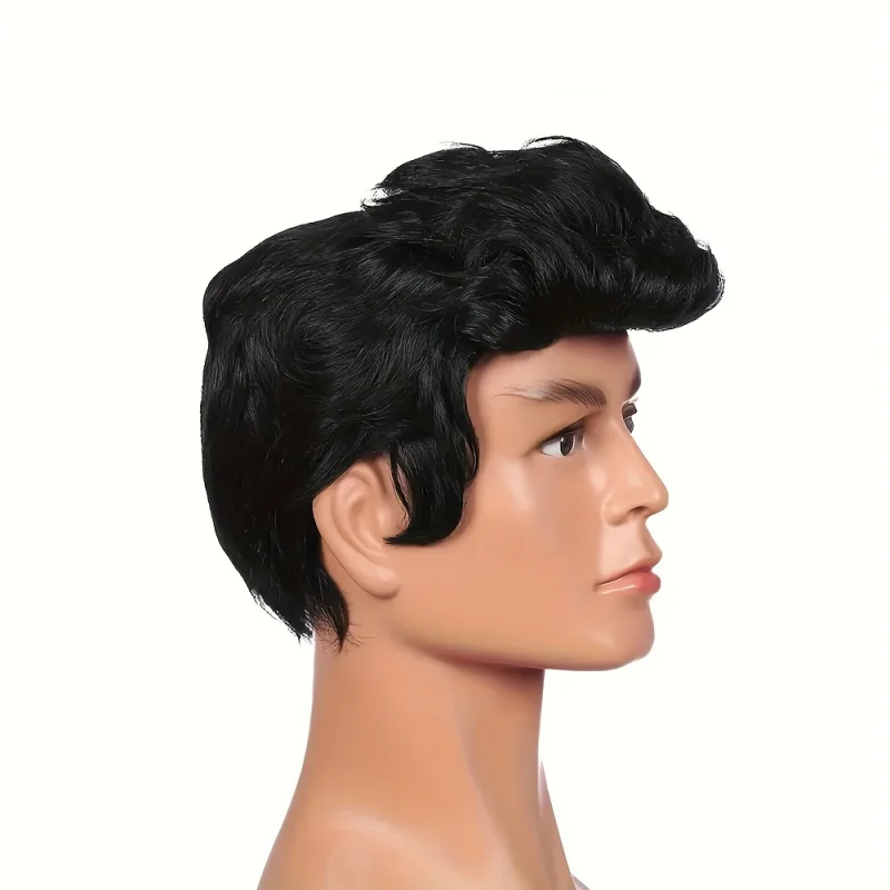 شعر مستعار ديسكو أسود مموج عصري للرجال - باروكات صناعية على شكل كات كينج لشعر مستعار روك ستار 70'S 50'S مثالي للحفلات