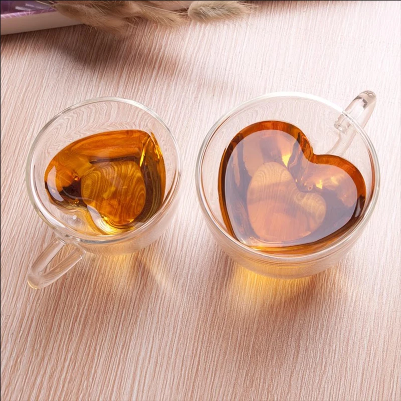 Herz Liebe geformte Glasbecher Paar Tassen Doppelglas Tasse hitzebeständige Weingläser Teetassen Milch Espresso Kaffeetasse Trinkgeschirr