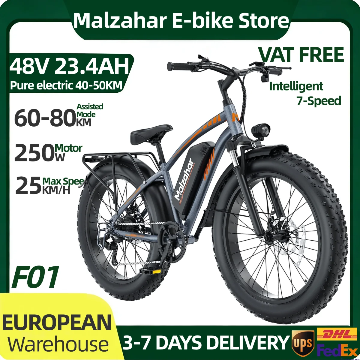Vélo électrique Malzahar F01 48V 23.4Ah pour adulte, pneus larges 26*4 pouces, 7 vitesses, autonomie 60-80 km, moteur 250W, batterie lithium amovible, frein à disque, tout-terrain, neige, sable, plage, route, hors-route, vélo de banlieue avec siège arrière