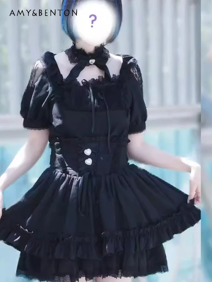 

Original Mass-produced Mine Series Lolita Suit Japanese Cute Lace Bow Short-sleeved Shirt High-waisted Mini Skirt Two Piece Set