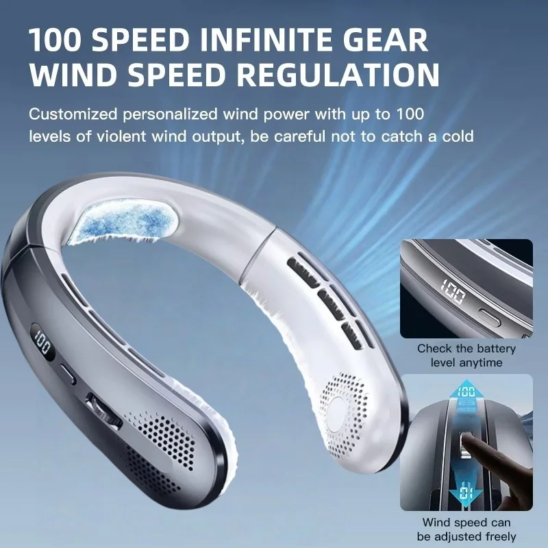 جديد 100 سرعة 5000mAh USB تعليق الرقبة مروحة المحمولة الخالية من الشفرة كتم صغير LED شاشة ديجيتال في الهواء الطلق مروحة صغيرة الرسن الرقبة