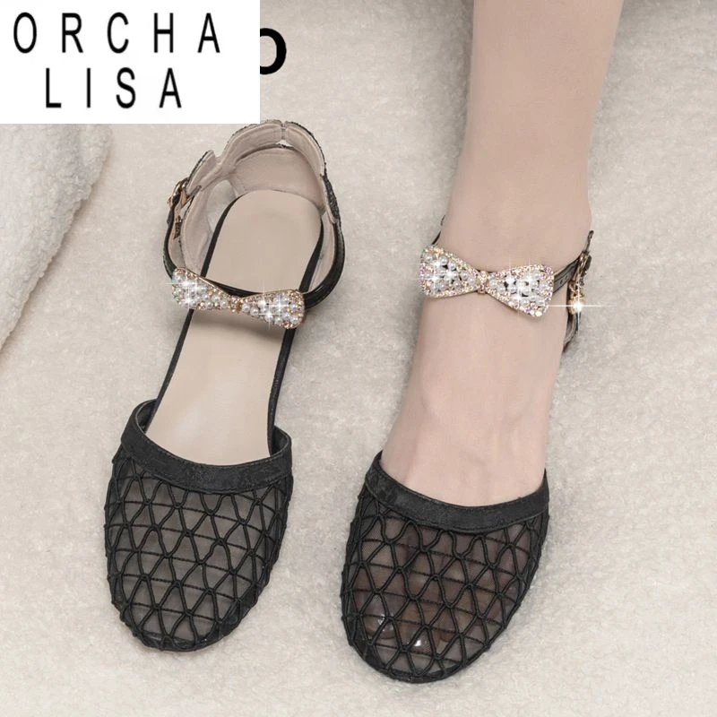 

ORCHA LISA Женские сандалии с дышащей сеткой и круглым носком на блочном каблуке 4,5 см с пряжкой и ремешком с кристаллами и бантом, маленький размер 31 32, повседневная обувь