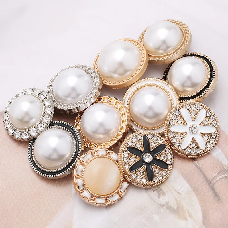 10 Pieces Fashionable Buttons White Pearl Ornament Gold Color Metal Shank Buttons Woman Garment Accessories