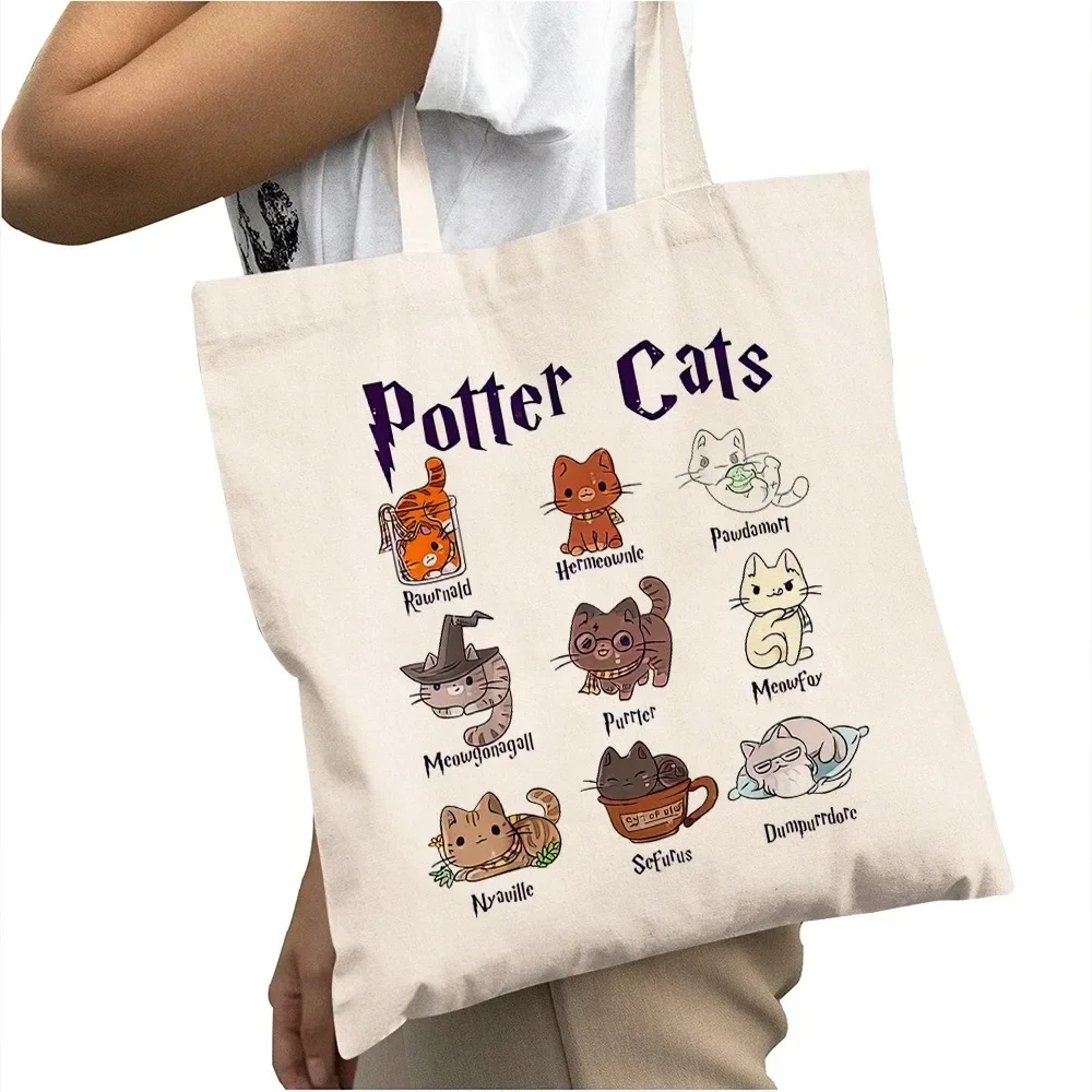 Lässige Cartoon Potter Cats Damen-Einkaufstaschen Doppeldruck Lässige Mädchen-Tragetasche Große Kapazität Damen-Shopper-Tasche – Detail 8