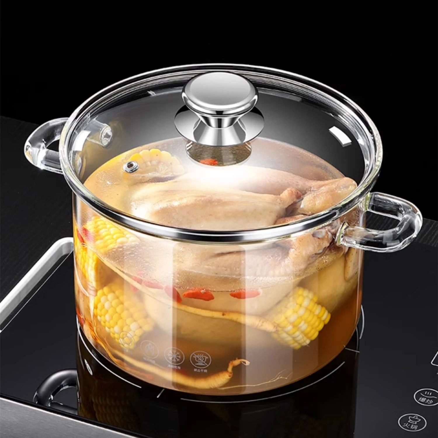 LFGB Certification Ultra Hard High-Borosilicate Glass Stewing Pot Transparent Kitchen Saucepot Luxury Visual Cooking Stockpot