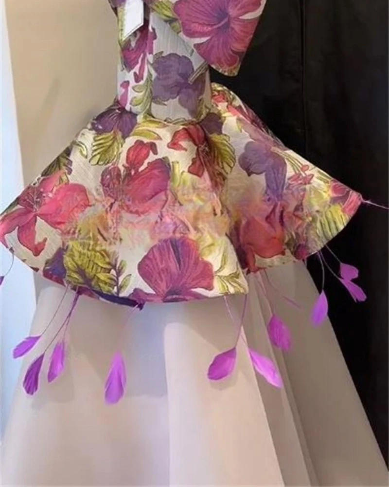 Customized Elegant Strapless Flower Ball Gown Party Dress Sleeveless Feathers Floor Length Formal Evening Gowns فساتين سهرة