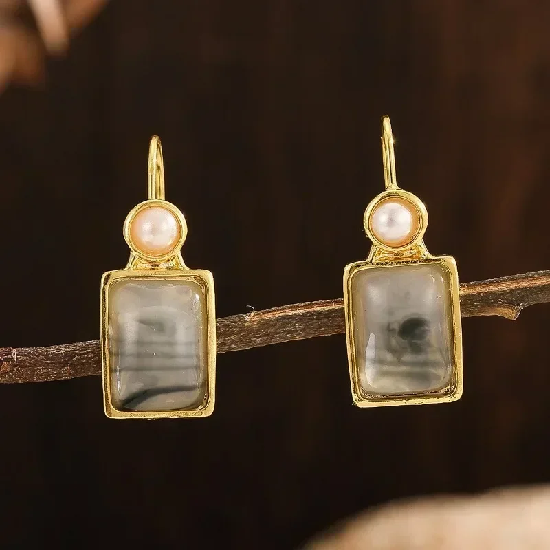 Rectangle Natural Landscape Agate Pearl Gold Dangle Women Earrings Wedding Earrings for Christmas 4th of July Daily Banquet Jewelry for Brides Bridesmaids Teens Adults
