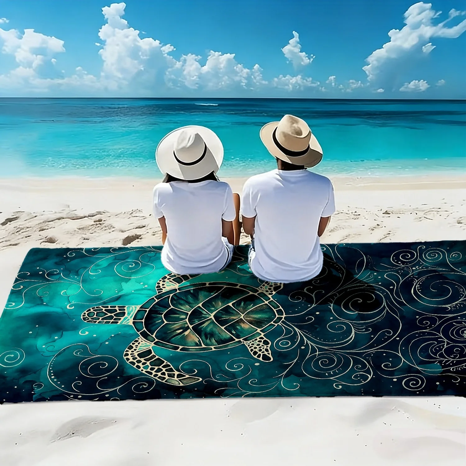 Ocean-themed Large Soft Beach Towel with Sea Turtle Pattern Exquisite Swirl Print Microfiber Bath Towel Quick-Drying and Super