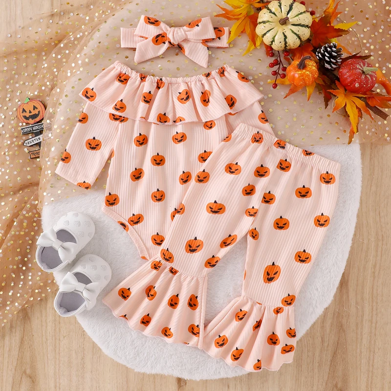 

Suefunskry Baby Girl Halloween Outfits Pumpkin/Santa Print Ruffle Off Shoulder Long Sleeve Romper Flare Pants Headband 3Pcs Set