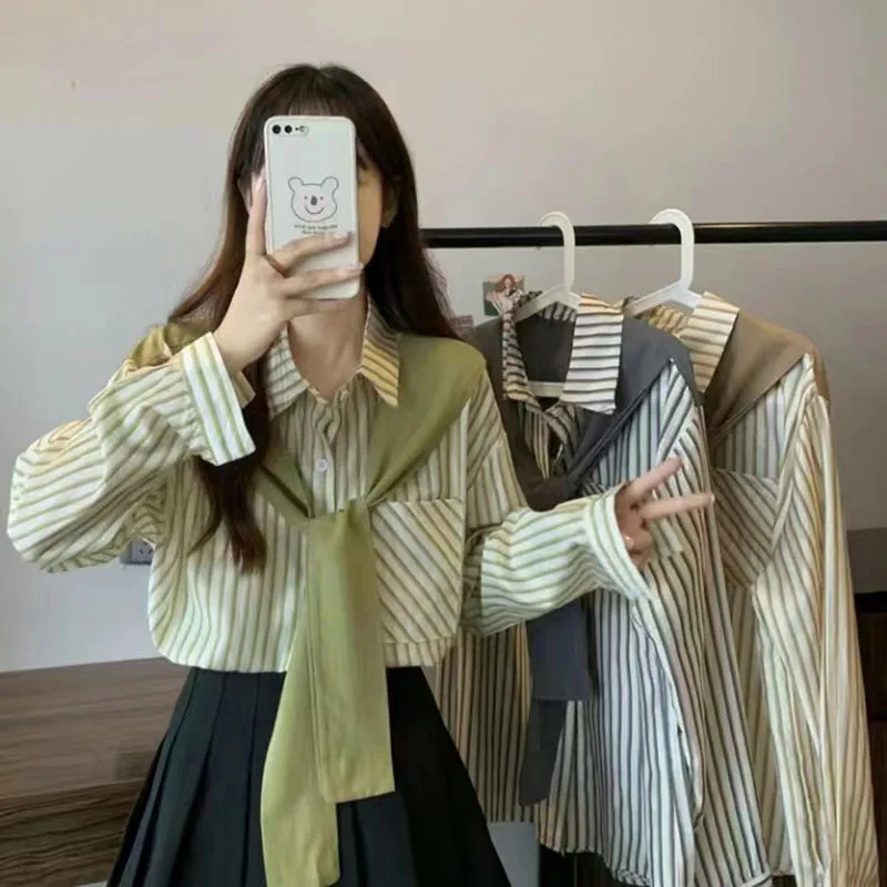 Women\'s Clothes Striped Long-sleeved Shirt Autumn Blouse New-style Shawl Fake Two Loose Temperament Shirt Casual Ladies Top