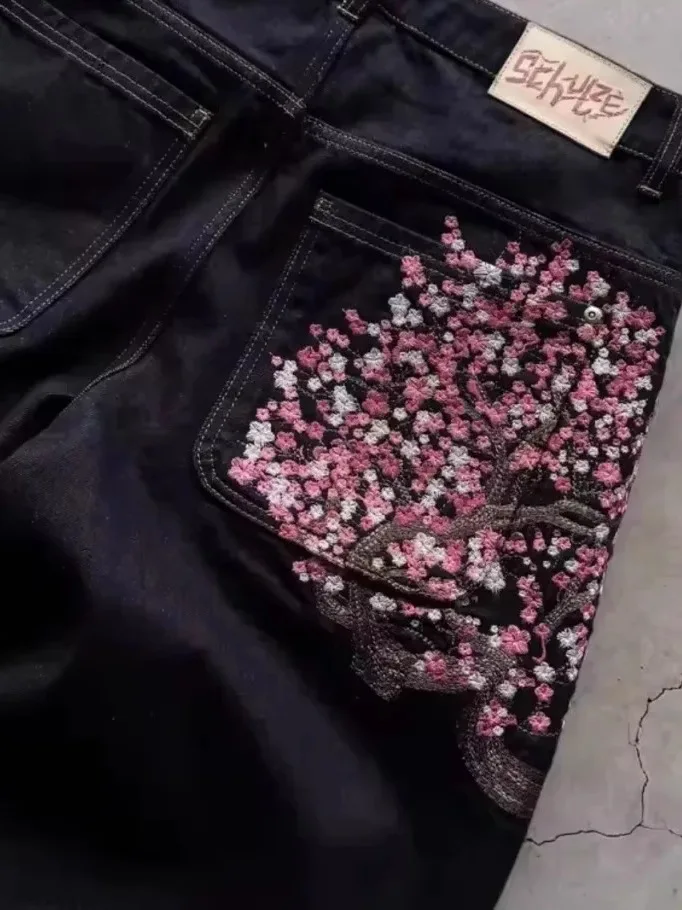 بنطال جينز كاجوال مطرز بالزهور للنساء مستقيم الساق من قماش الدنيم مريح l الخصر وسحاب للإغلاق متوسط الوزن باللون الأزرق #2