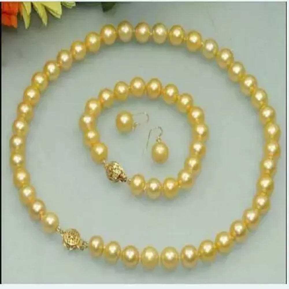 

Perfect AAA 9-10mm South Sea Round Gold Pearl Necklace 18 inch+Bracelet 7.5-8inch+Earring Set 925s