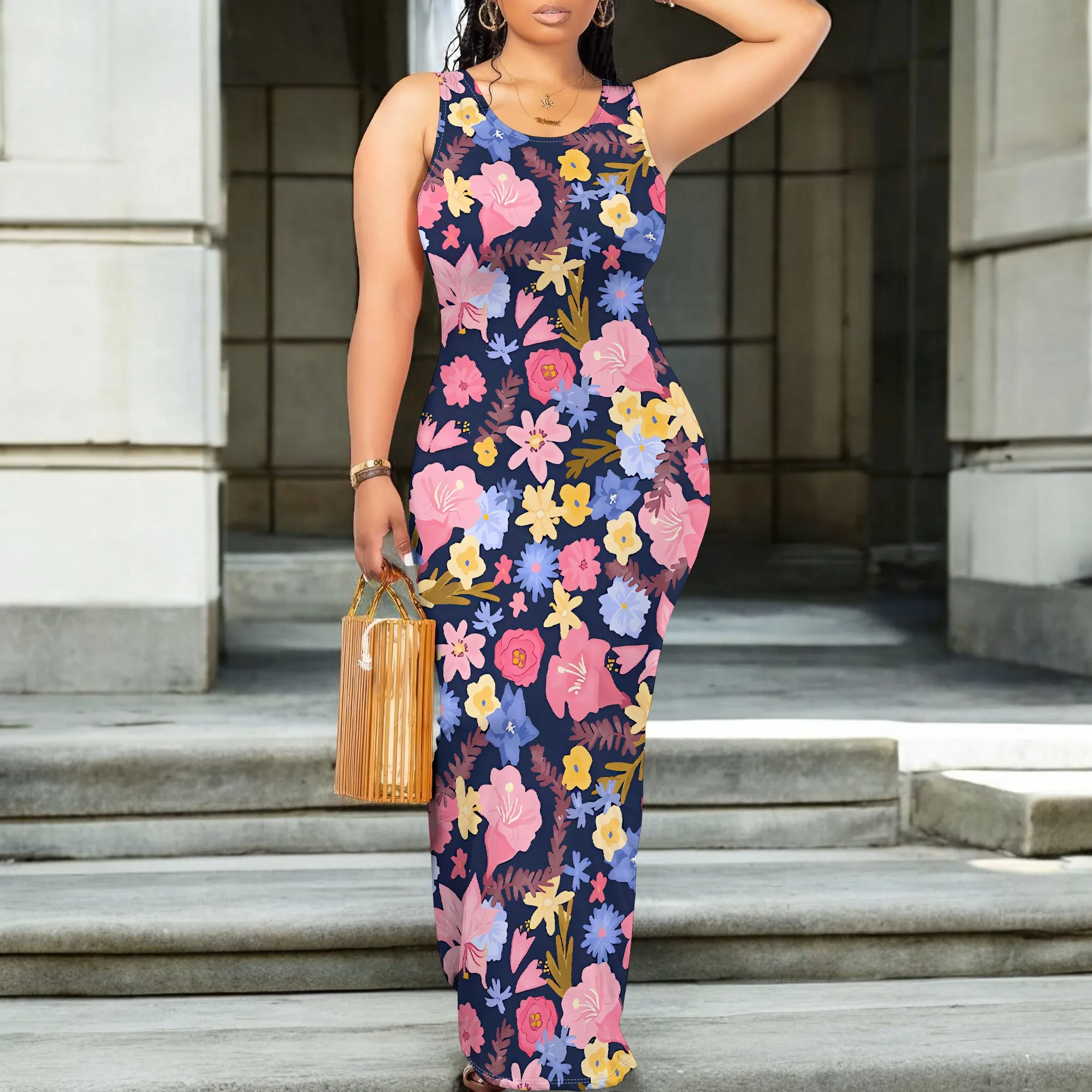 Women's 2025 spring and summer sleeveless knee length dress with hollowed out pullover, butterfly print beach casual dress