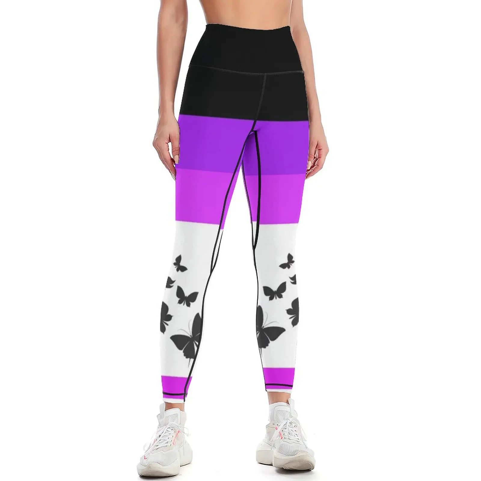 

Shades of Purple and White with Black Butterflies Flying Away Leggings Women's push up leggins push up woman Womens Leggings