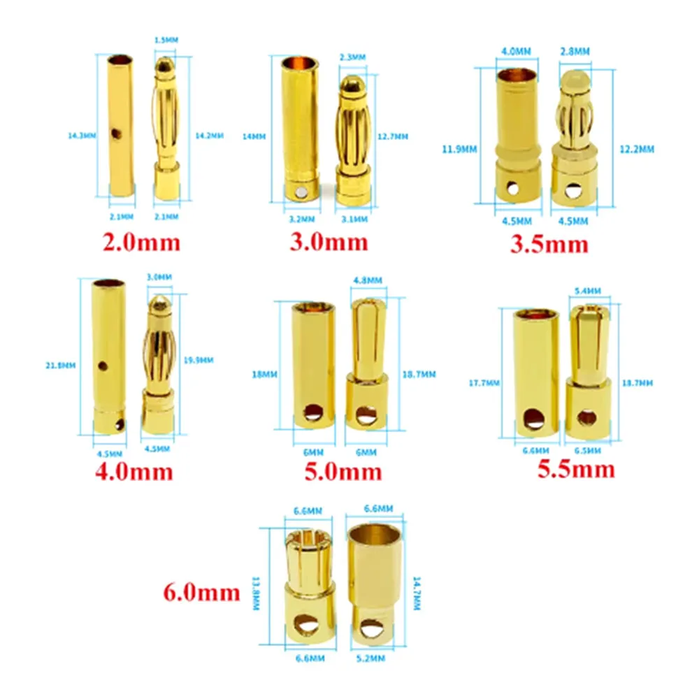 Colokan peluru Wanita Pria berlapis emas, konektor pisang arus tinggi 2mm 3mm 3.5mm 4mm 5mm 5.5mm 6mm