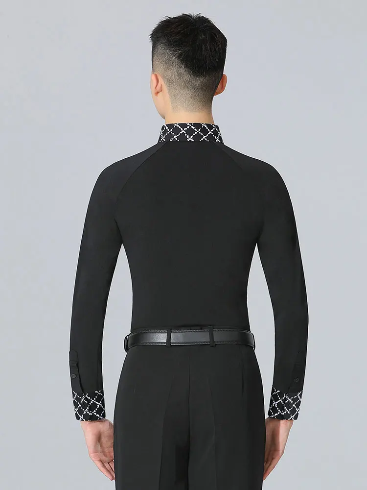 2025 قميص الرقص الحديث أداء جديد أسود طويل الأكمام الرجال قميص وسيم الفالس الأعلى