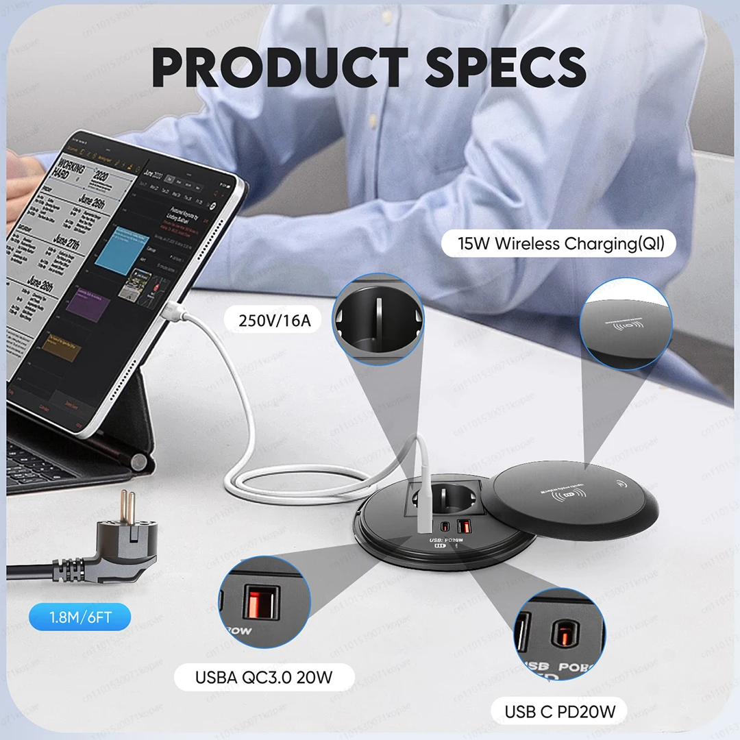 Office Desk Rotary Cover 15w Wireless Charging Socket 20w USB Grommet Power