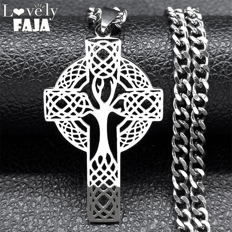 Tree of Life Cross Celtic Knot Necklace Women Men Stainless Steel Hollow Amulet Necklaces Jewelry cadenas para hombre 3223