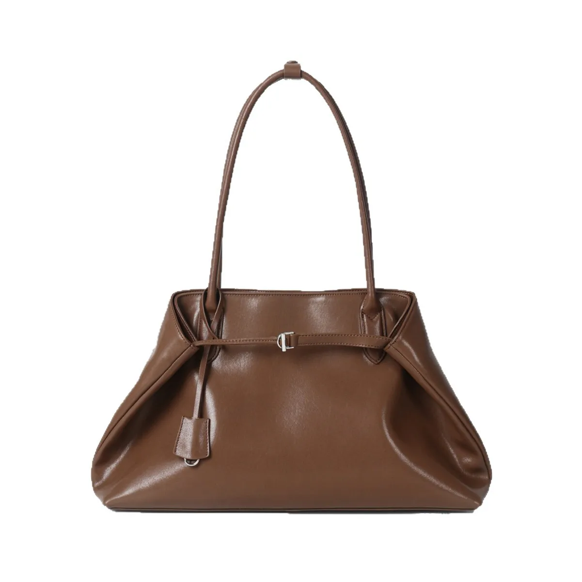 Minimalist Soft Oil Wax Leather Large Tote Bag Side Fold Design Thin Long Handles Belt Detail Casual Ladies Shoulder Purse