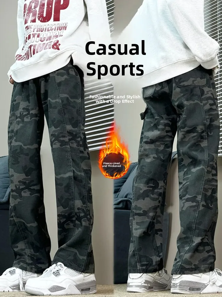 

American Sle Fce Lined Camouflage Men's Jeans Winter Trendy High Street Micro Flared Knife Workwear Pants