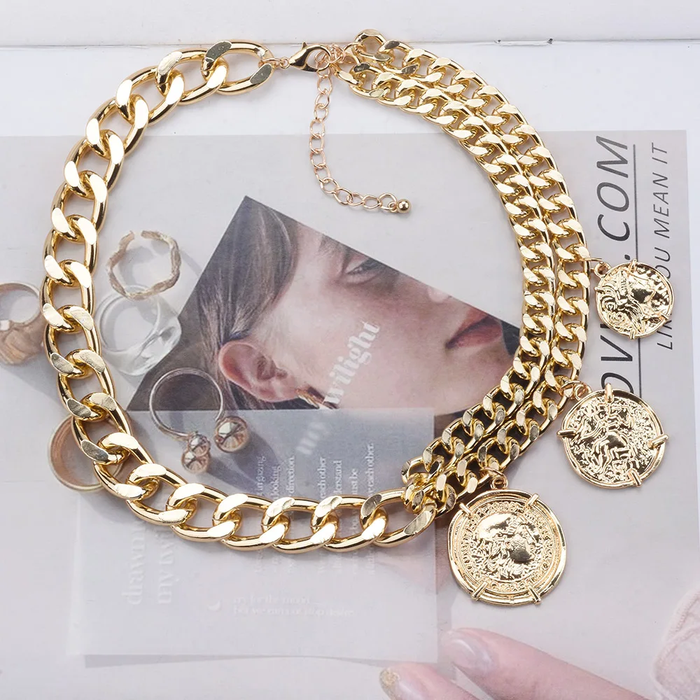 2024 New ZA Classic Punk Statement Metal Chains Links Choker Necklace With Charm Coin Pendants Deco Women Indian Jewelry