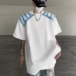 Young Style Round Neck Pullovers Summer Stylish Denim Spliced Men's Clothing Basic Solid Color American Short Sleeve T-shirts