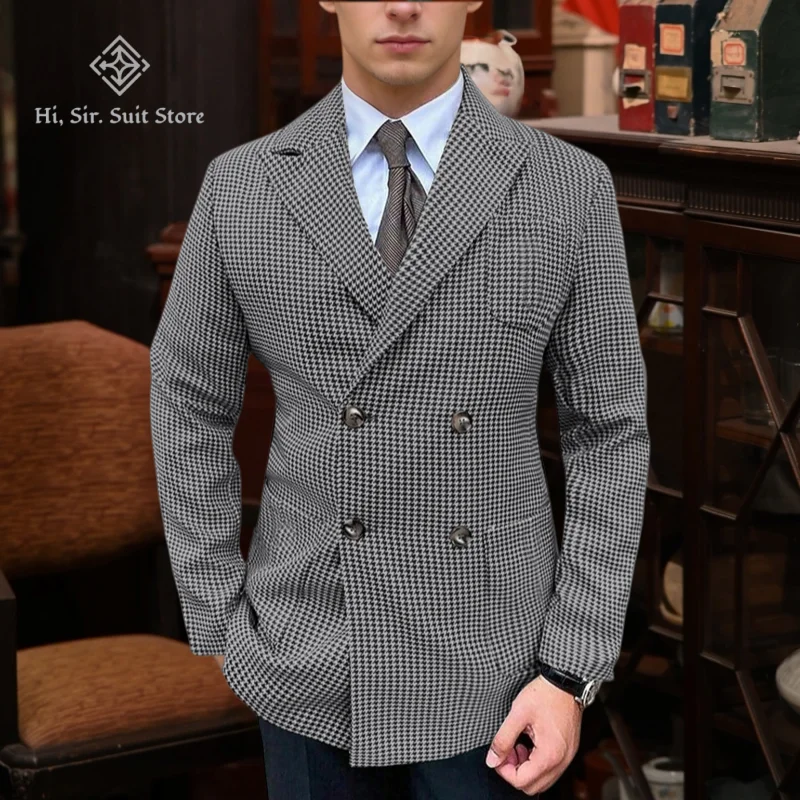 

Men's Houndstooth Suit Jacket Plaid Slim fit Blazer Fashionable Casual Jacket Peak Lapel Double-Breasted Suits Party Tuxedo Coat